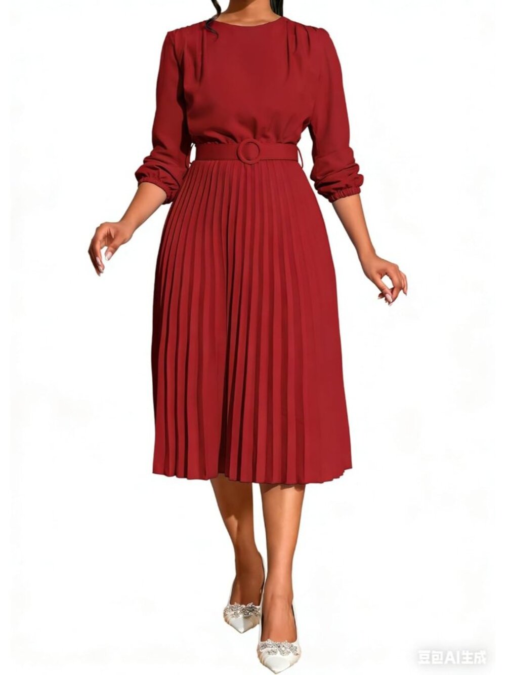 🆕Women's Wine Red Pleated Midi Dress Long Sleeve Semi Formal Dress Casual